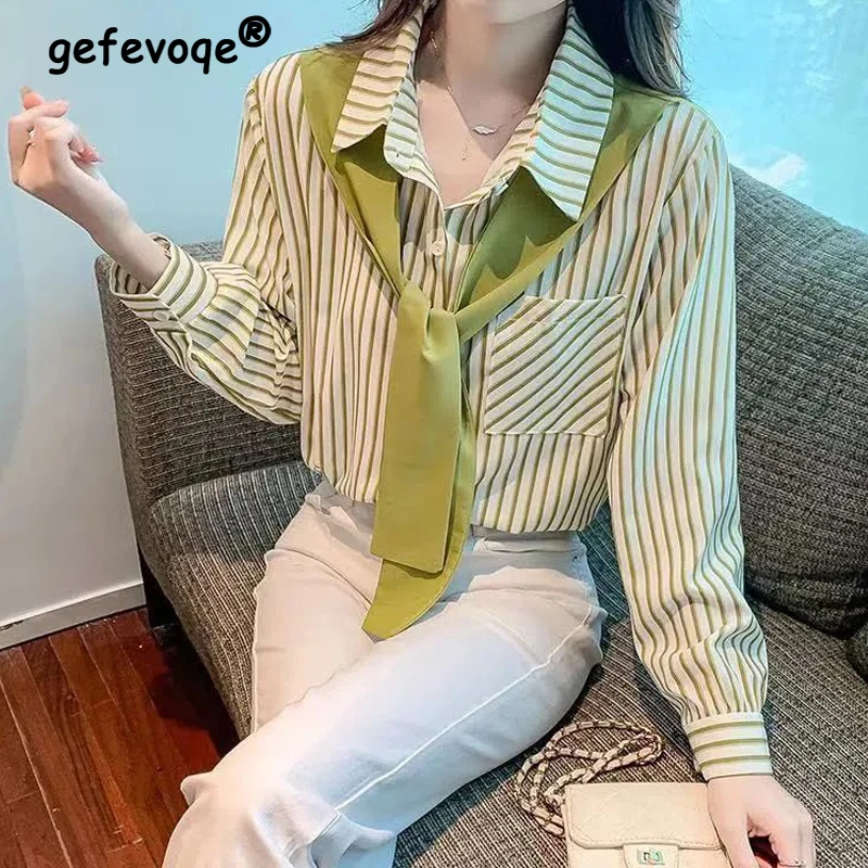 Korean Autumn Fake Two Pieces Pockets Patchwork Turndown Collar Stripes Long Sleeve T-Shirt Casual Loose Single Breasted Blouses