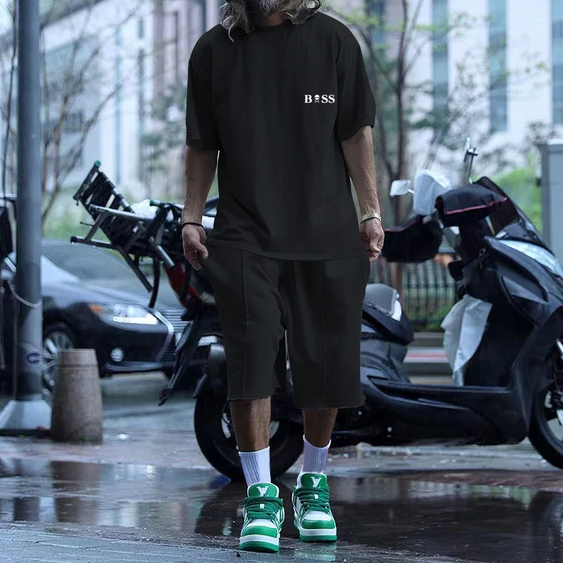 Summer Hot Sale Solid Color men's Street Trendy men's Casual Two-piece Short-Sleeved T-shirt + Loose Shorts