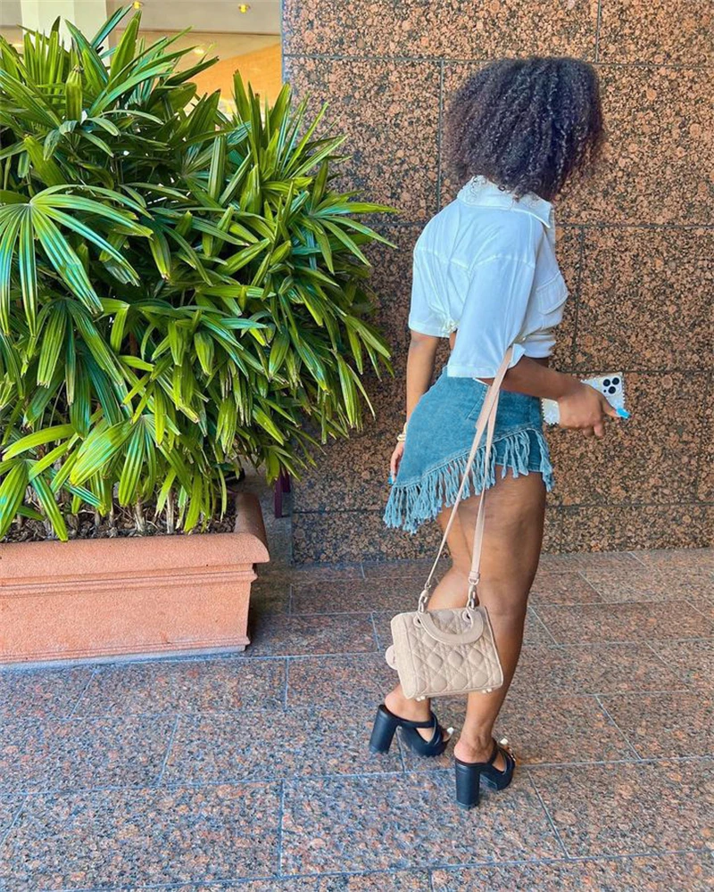 Asymmetrical Tassel Apron Jeans Shorts Women Slim High Waist Button Fly Zipper Denim Culottes Female Fashion Casual Streetwear