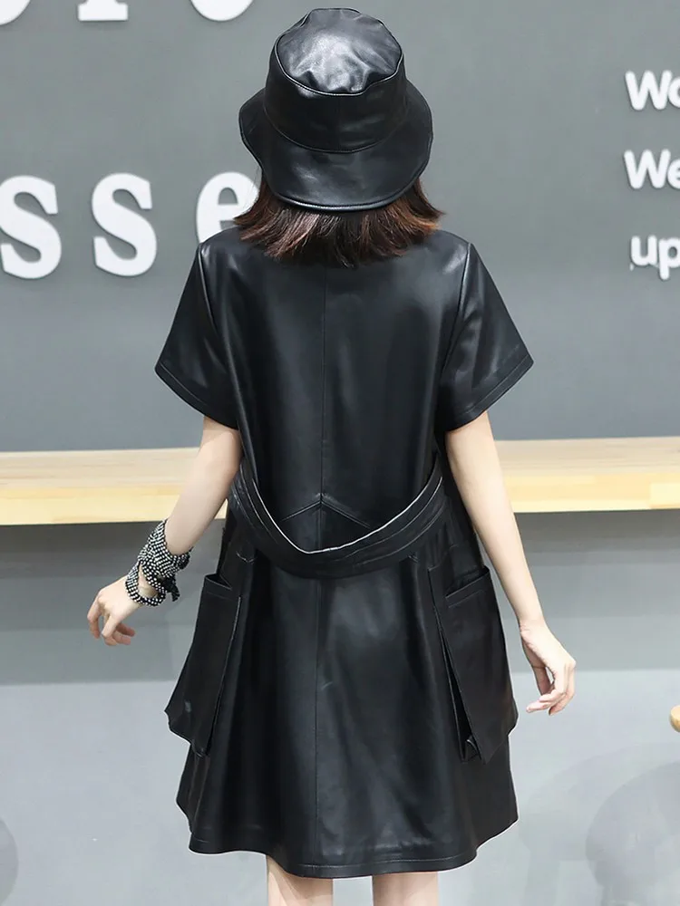 Dress Woman Autumn Winter Genuine Leather Stand Collar A-Line Dress High Waist Office Lady Sheepskin Dress with Pockets