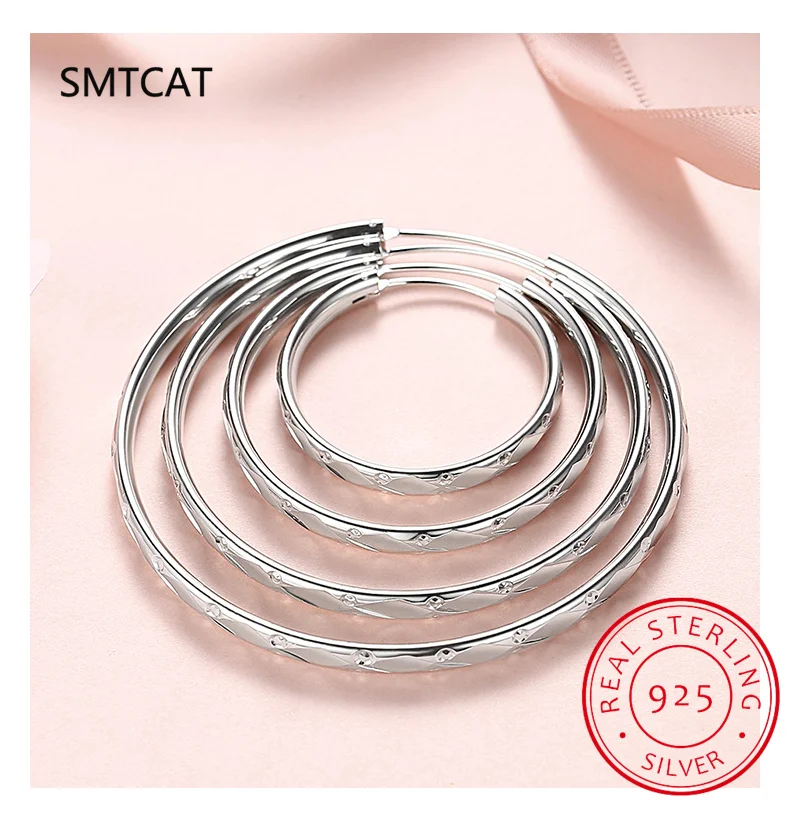 Женские круглые серьги-кольца из серебра 925 пробы 3/4/5/6 см