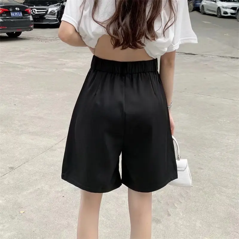 High Waisted Wide Leg Suits Shorts Womens Summer Office Lady Casual Loose Shorts for Women Solid Black Knee Length Baggy Shorts
