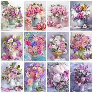 CHENISTORY 40x50cm DIY Painting By Numbers With Frame Classic Pink Flowers Handpainted Oil Painting Acrylic Paint On Canvas Gift