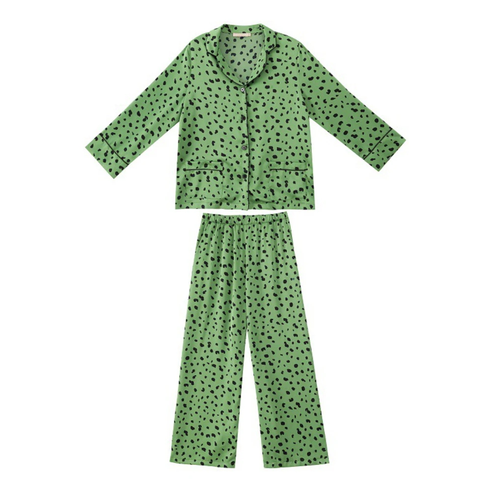 Maison Gabrielle 2022 Spring Summer Vintage Printed Pajamas Set Loungewear Sleepwear for Women 2 Pieces Long Sleeves Silk Satin