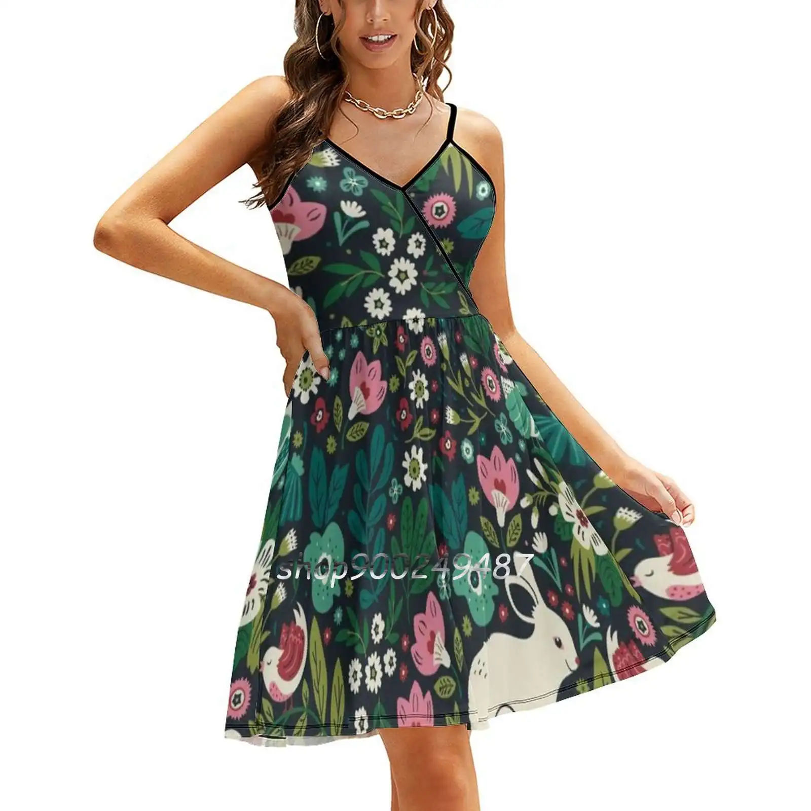 

Forest Friends Sling Dress Sexy Dress Female High Waist Dresses For Women Rabbit Birds Forest Pattern Florals Wild Flowers