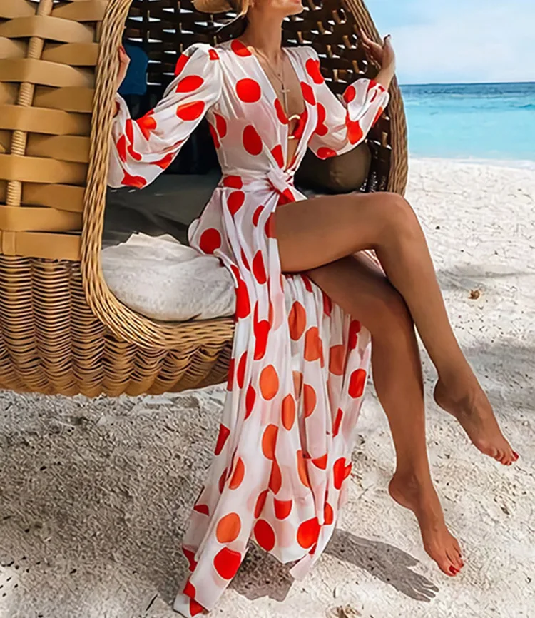 

New 2022 Summer Polka Point Long Sleeve Beach Swing Dress