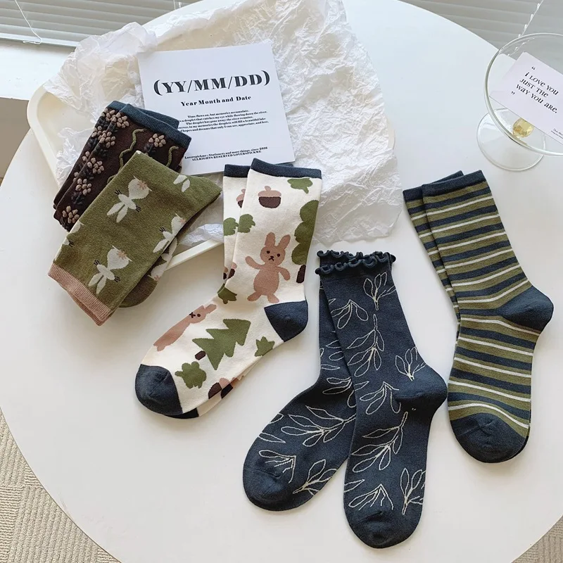 5 Pairs/Lot Women Long Socks Set Soft Combed Cotton Cute Socks Harajuku Japanese Korean Autumn Winter Cartoon Short Socks Sox