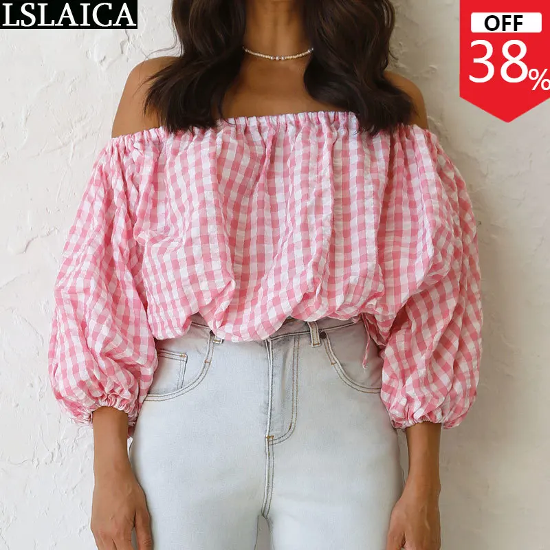 

Ladies' T-shirt Plaid Printed One-shoulder Puff Sleeve Tops Women Fashion Hot Sale Sweet Style Casual Off Shoulder Blouses Women