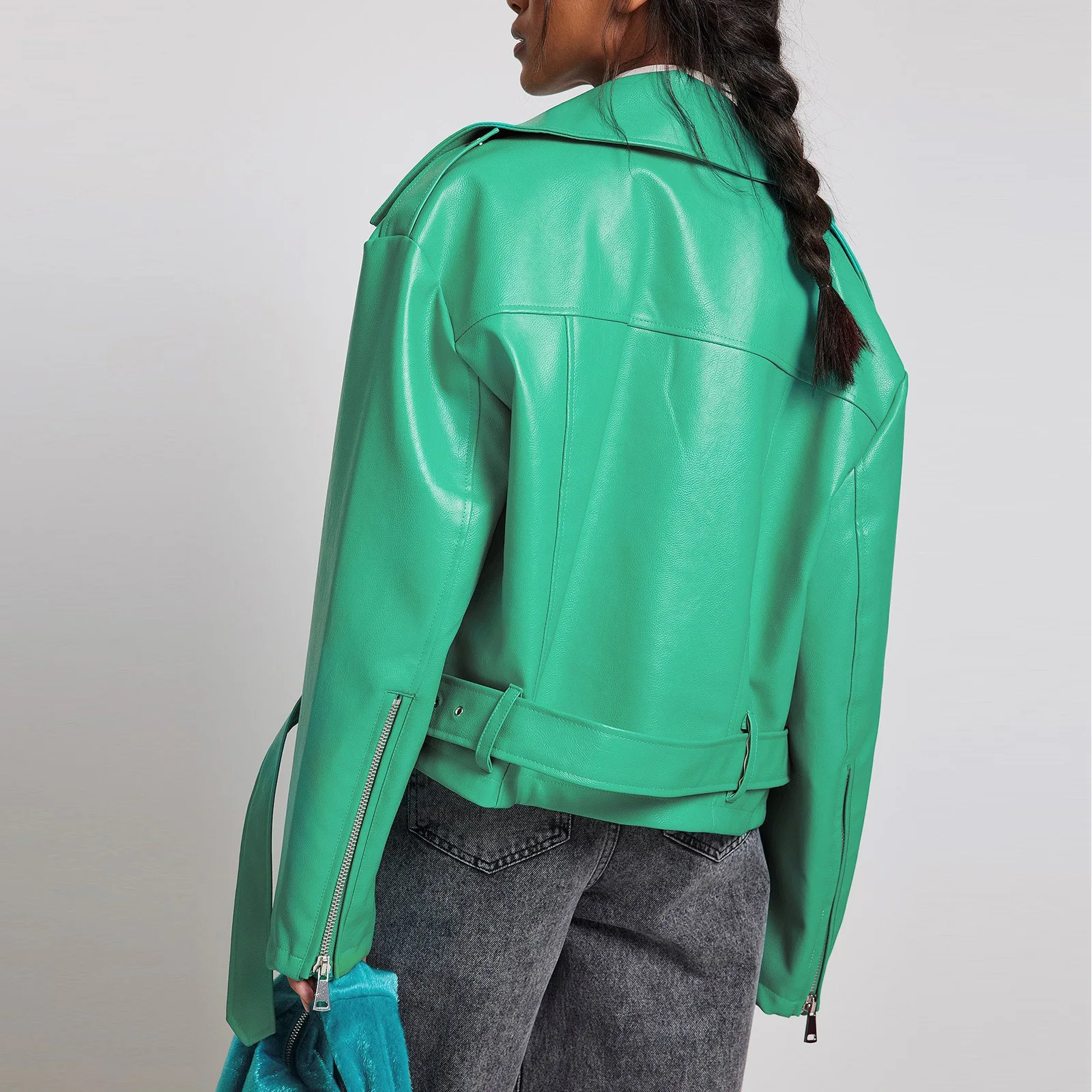 Kohuijoo Green PU Leather Jacket Women 2022 Autumn Fashion Short Slim Loose Coat Belt Short Ladies Motorcycle jackets