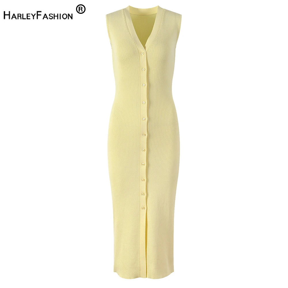 

Женское облегающее желтое вязаное повседневное летнее платье без рукавов с v-образным вырезом в Корейском стиле высокого качества