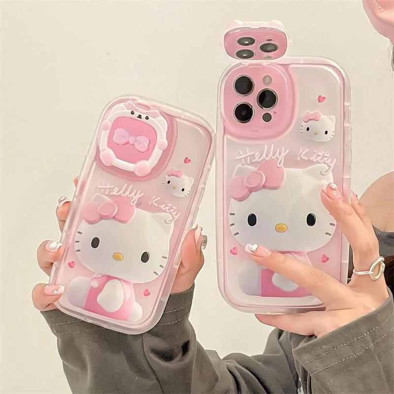 

Sanrio Hello Kitty pink cute with mirror cartoon Phone Cases For iPhone 14 13 12 11 Pro Max Mini XR XS MAX Back Cover