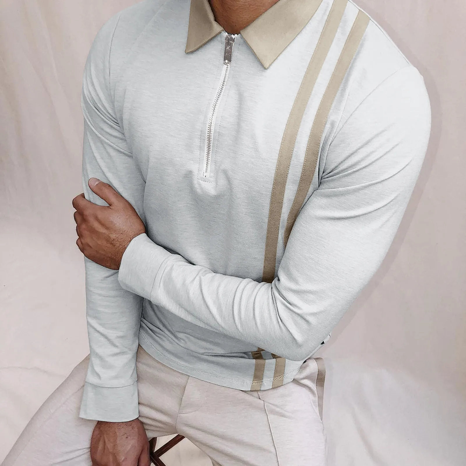 

Men's Collar Casual Belt Double Turn-Down Shirt Polos Zipper Solid Blouse Men's Shirts Super Sleeve