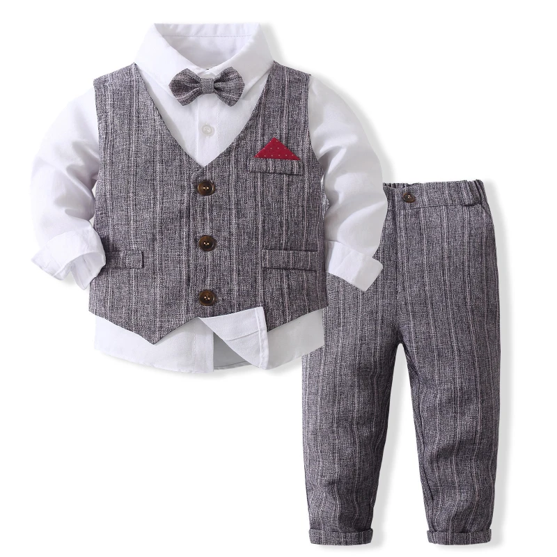 New Kids Boy Gentleman Clothing Set Long Sleeve Shirt+Waistcoat+Pants and Bow Tie   Boy Outfits for Wedding Party Dress Outfits