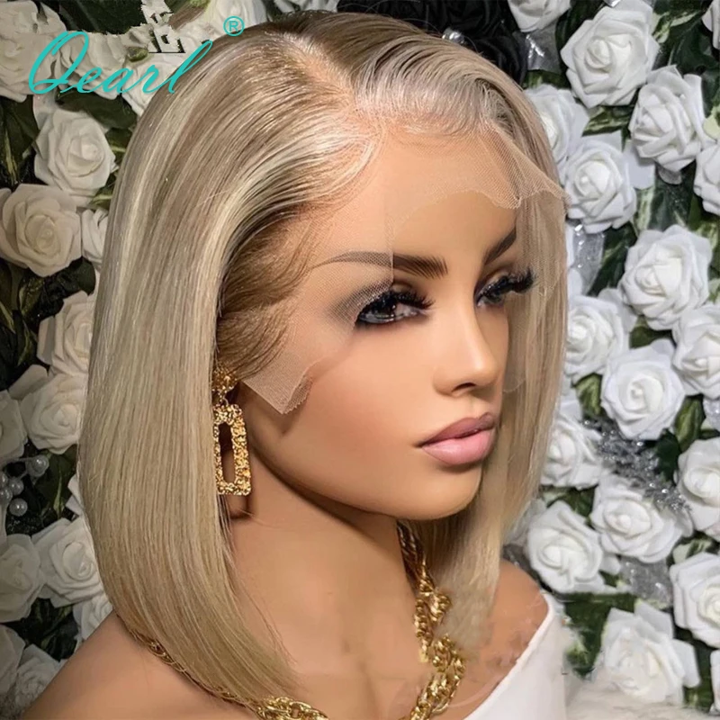Short Bob Lace Frontal Wigs Platinum Golden Blonde Highlights 13x4 Straight Human Hair Wig for Women Cheap Free Shipping Qearl