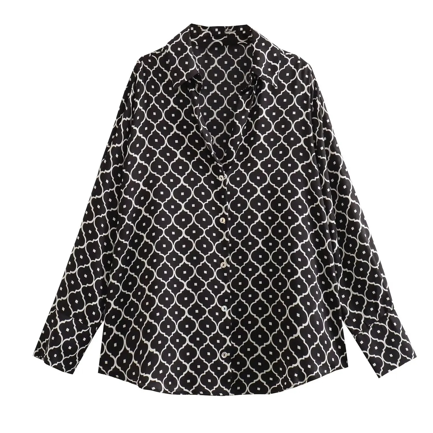 

Женская модная новинка 2023 Изысканная рубашка на пуговицах с геометрическим принтом атласная текстурная рубашка в стиле ретро шикарный топ с длинным рукавом