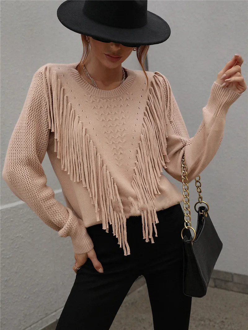 

2022 Women Solid Hollow Out Sweaters Y2K Clothes Korean Fashion Sueters De Mujer Tassel Sweater O-neck Knitted Pullovers S006