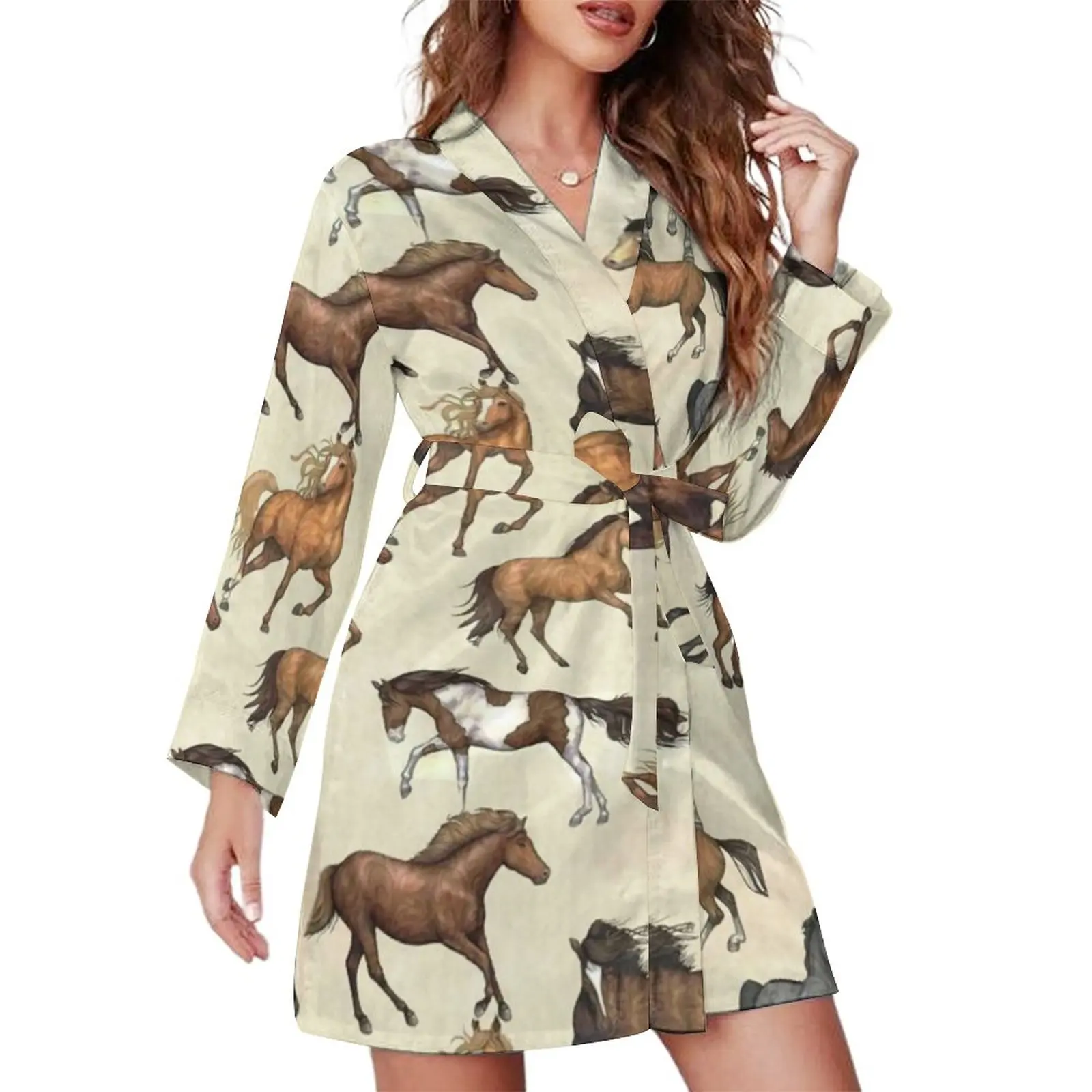 

Sunset Horse Pajama Robe Horses Riding Funny Long-Sleeve Sexy Pajamas Robes Female V Neck Casual Loose Bathrobe Graphic Dress