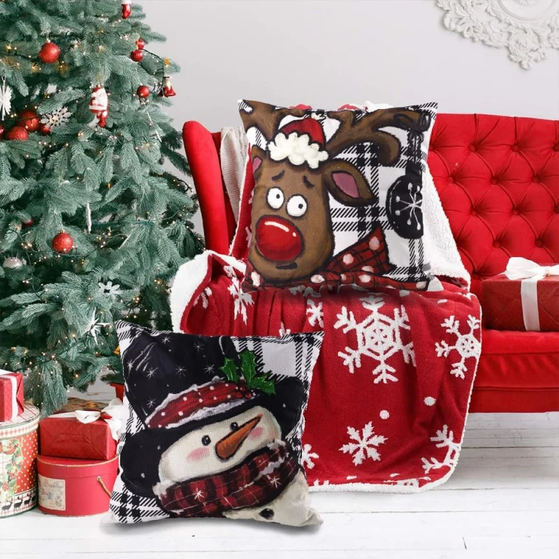Рождественский снеговик в клетку Баффало зимние наволочки с оленями