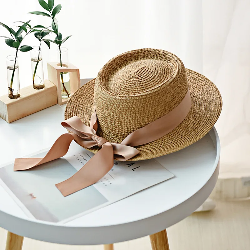 

New Summer Sun Hats Women Fashion Girl Straw Hats Ribbon Bow Beach Hat Casual Straw Flat Top Panama Hat Bone Feminino