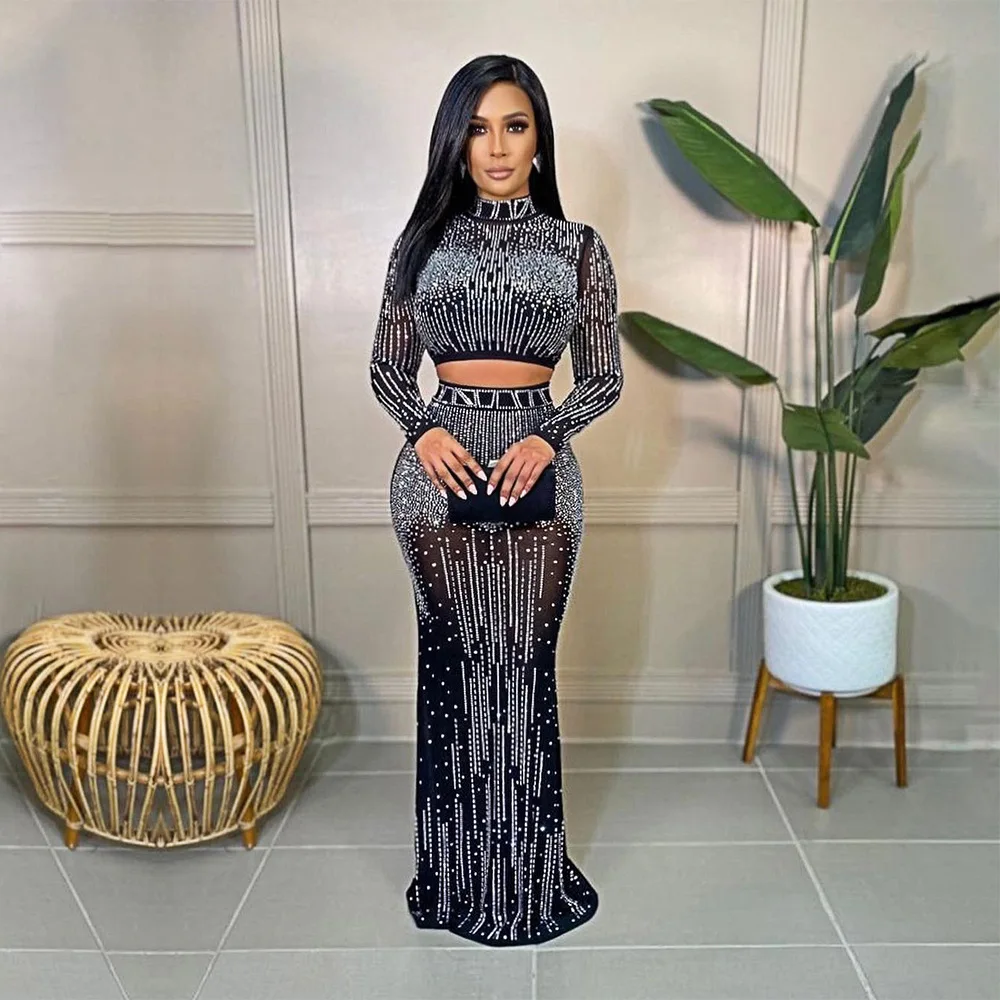 

20222 Summer Women's 2-Piece Women's Prom Dress Evening Dress Elegant Sexy Hot Diamonds Skirt Suit Women