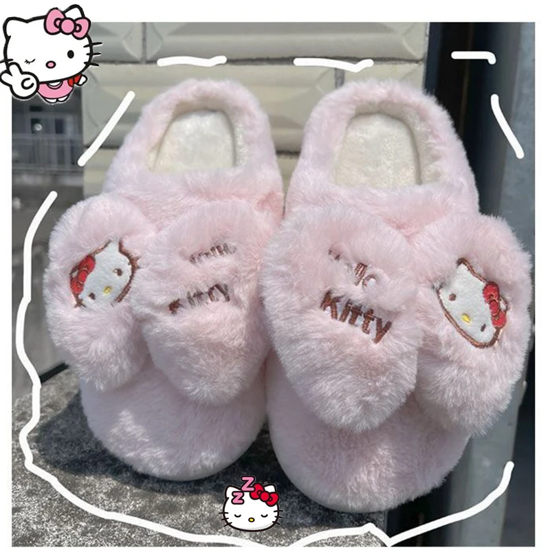 

Зимние хлопковые тапочки Hello Kitty, женские осенне-зимние домашние Нескользящие тапочки с аниме-рисунком, полутапочки с толстой подошвой