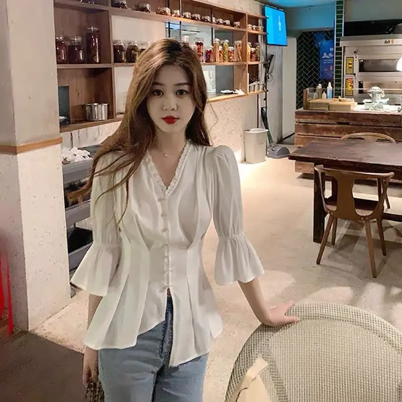 

Женская рубашка с V-образным вырезом, тонкая однобортная Свободная блузка с V-образным вырезом, в повседневном стиле, весна-осень 2022