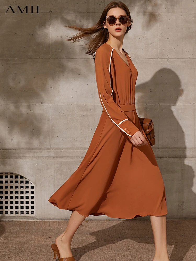 

Amii Minimalism Spring Summer New Dress For Women Causal VNeck Full Sleeve High Waist Calf-length Female Dresses 12120005