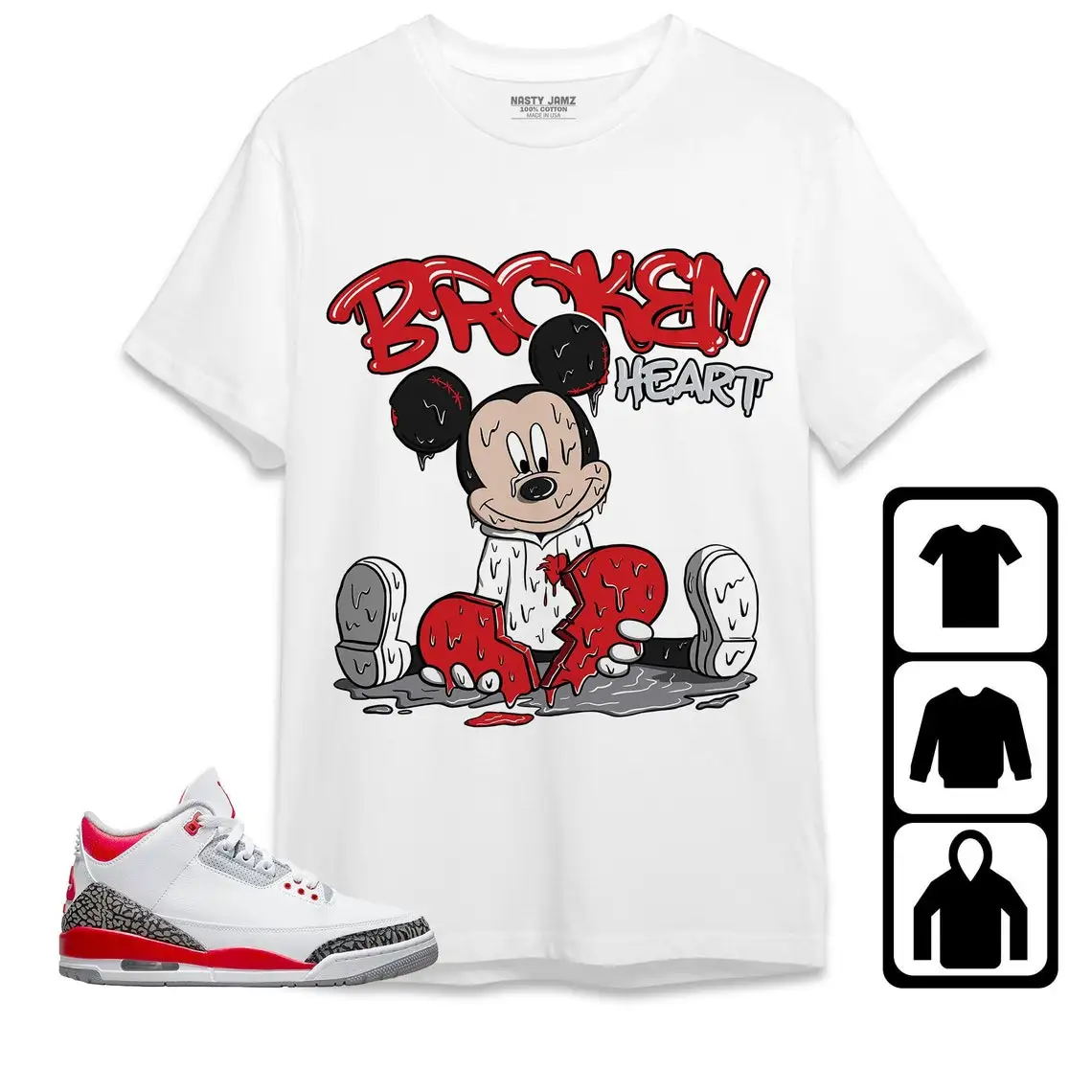 

Retro Fire Red 3S 2022 Unisex T-Shirt Sweatshirt Hoodies Broken Heart Mickey Print Disney Men's Shirts To Match Sneaker