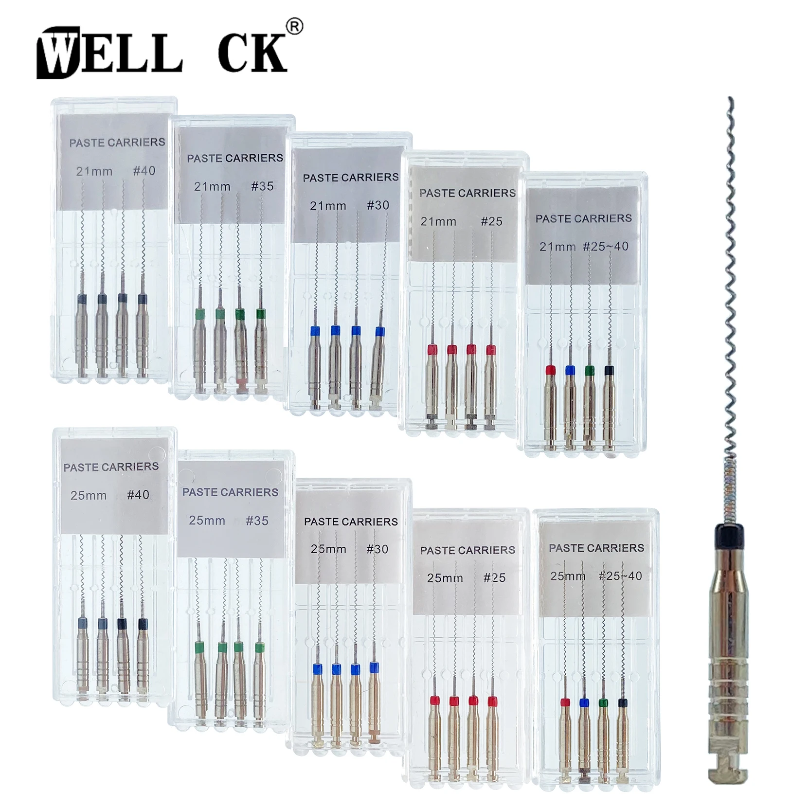 WELL CK 4pcs/Box 21/25mm #25-40 Dental Rotary Paste Carriers Spiral Filler Lentulo Assorted Engine Filling Paste Dentistry Tool