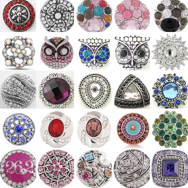 

K0013 Flower Owl Crystal gemstone Birthstone 18mm Metal snap button jewelry DIY bracelet