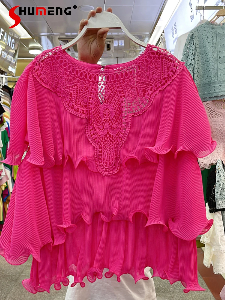 

European 2022 Summer New Women's Fashion Sweet Lace Stitching Pleated Blouses Ladies Elegant Loose Ruffled Chiffon Shirt Top