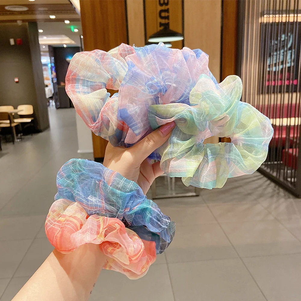 2022 New Summer Korean Organza Yarn Striped Plaid Elastic Hair Band For Woman Girl Rubber Ponytail Hair Ties Fashion Accessories