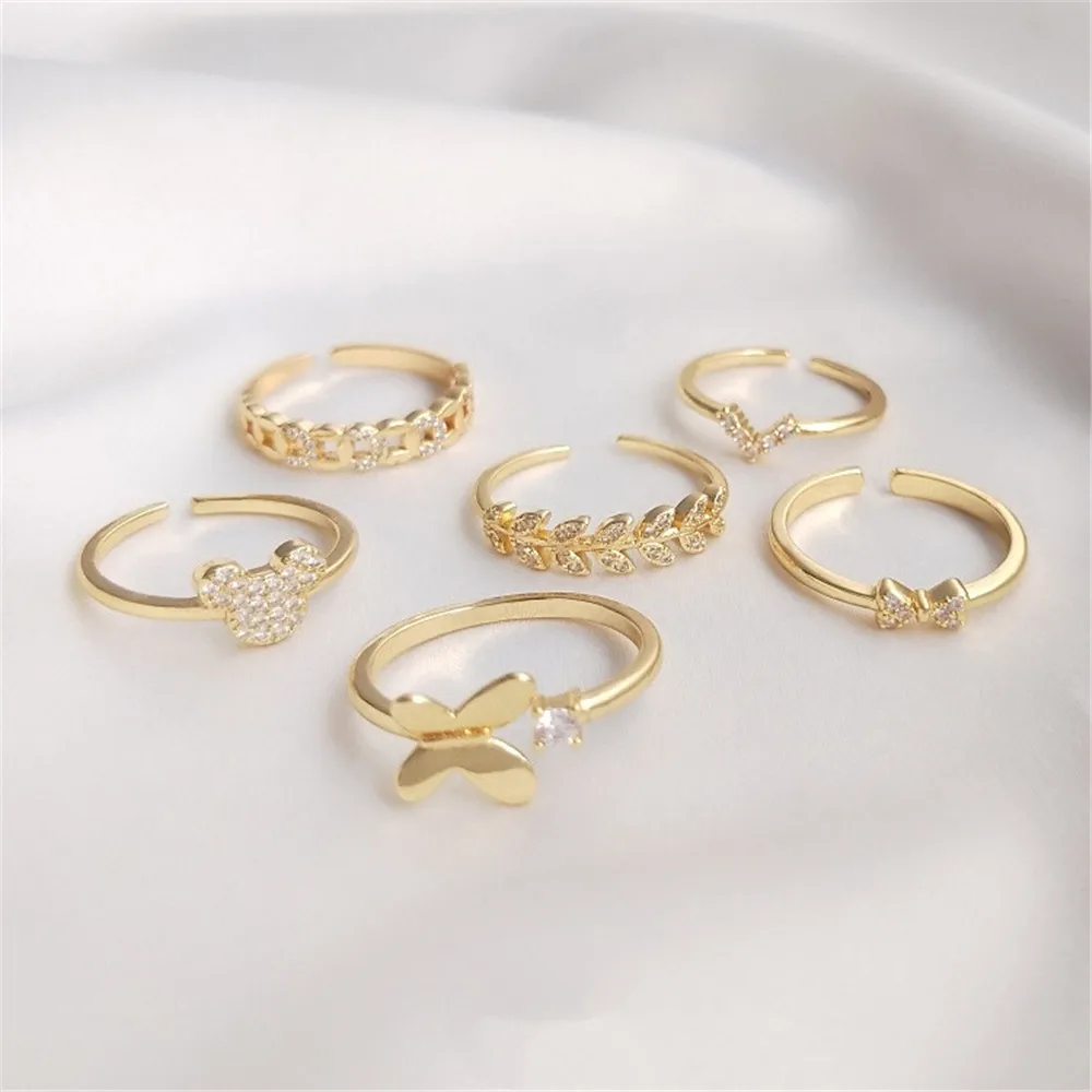 

14K plated gold filled Inlaid zircon bow leaf ring fashion light luxury high sense net red tide opening ring