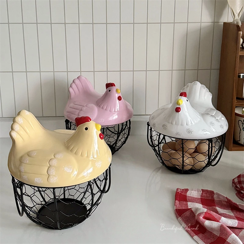 Фото Керамическая корзина для хранения яиц с куриным дизайном, железная корзина вмещает яйца 20-25 лет, держатель для яиц, чехол-органайзер, контейнер, держатель корзины для яиц №4