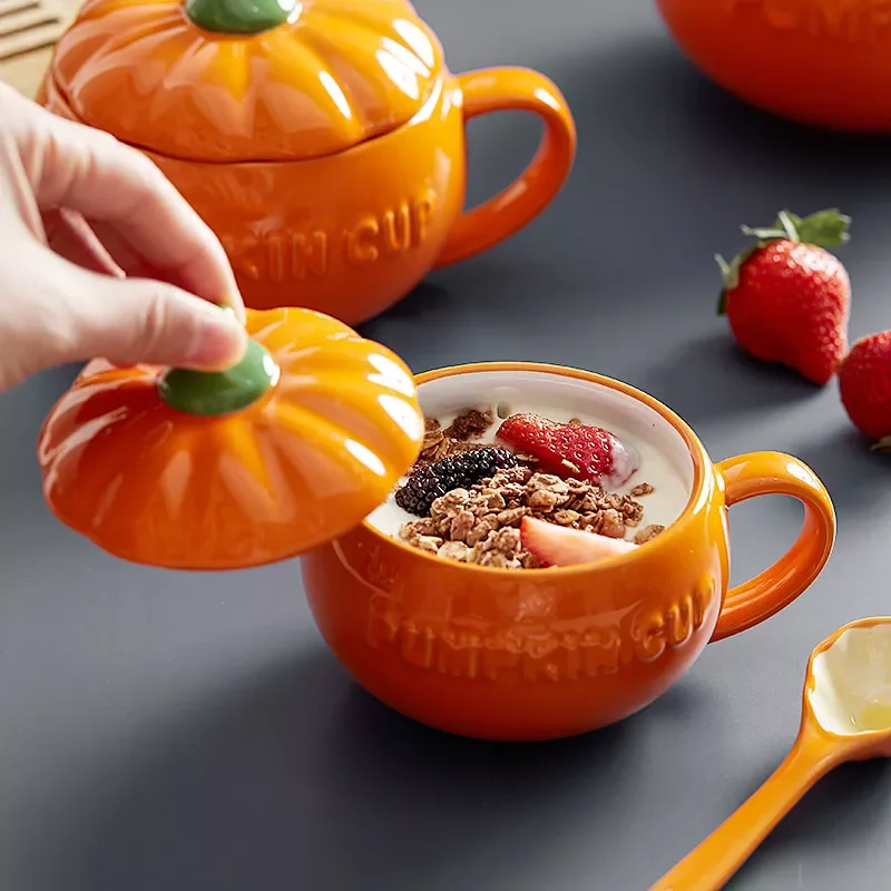 

2023New Pumpkin Shaped Ceramic Mugs With Lid Handmade Coffee Cups Tea Milk Breakfast Mug Oatmeal Yogurt Cup Unique Novelty Gift