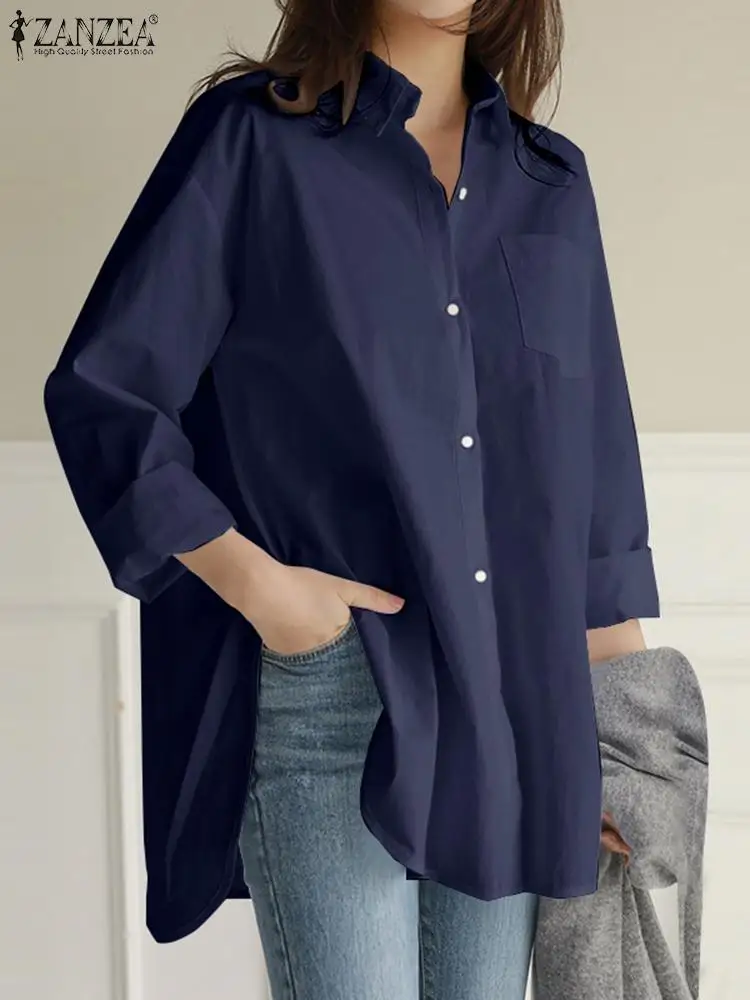 

Women Summer Shirts 2023 ZANZEA Long Sleeve Vintage Tunic Top Solid Color Cotton Elegant Blouse Casual Irrgular Hem Blusas Femme