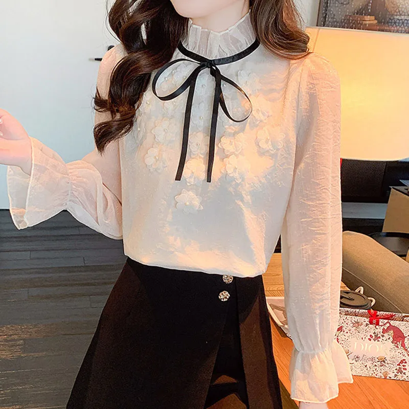 Женская шифоновая блузка с цветочным принтом длинным рукавом и оборками