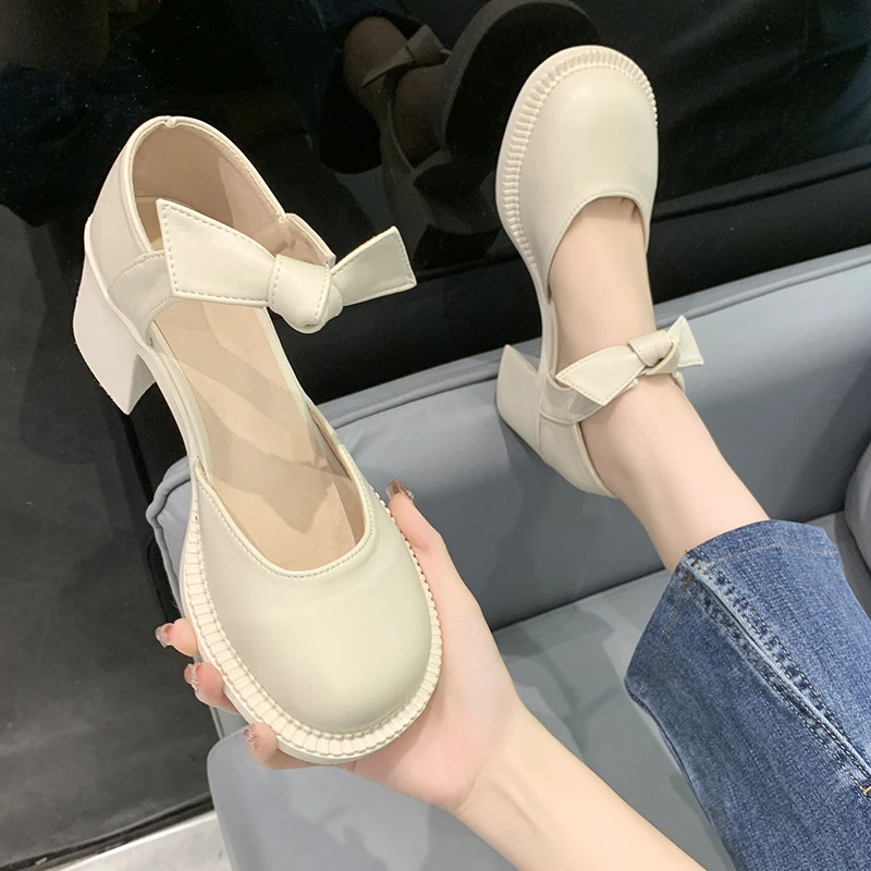 

Туфли женские с квадратным носком, высокий каблук, Сказочная обувь в стиле ретро, с бантом, на толстой подошве, Туфли Мэри Джейн, белые, 2022