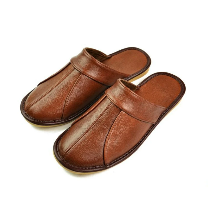 Cow Split Leather Handmade Men Home Slippers Spring Slip On Soft Comfortable Black Brown Bedroom Indoor Flat Men Shoes