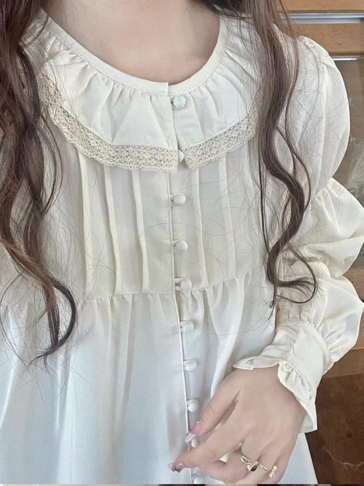 

Белая милая блузка, Женская Осенняя японская милая блузка с воротником Питера Пэна, Женская кружевная одежда в Корейском стиле с длинным ру...