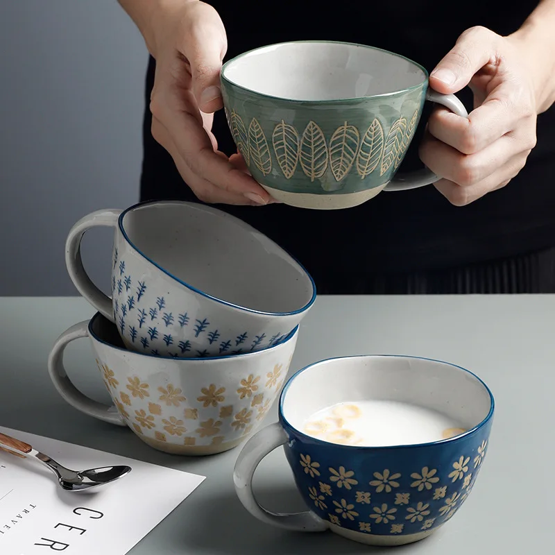 

Японская винтажная керамическая стеклянная чашка для завтрака, молока, овсянки, кофе, термостойкая посуда для офиса и дома, посуда для напит...