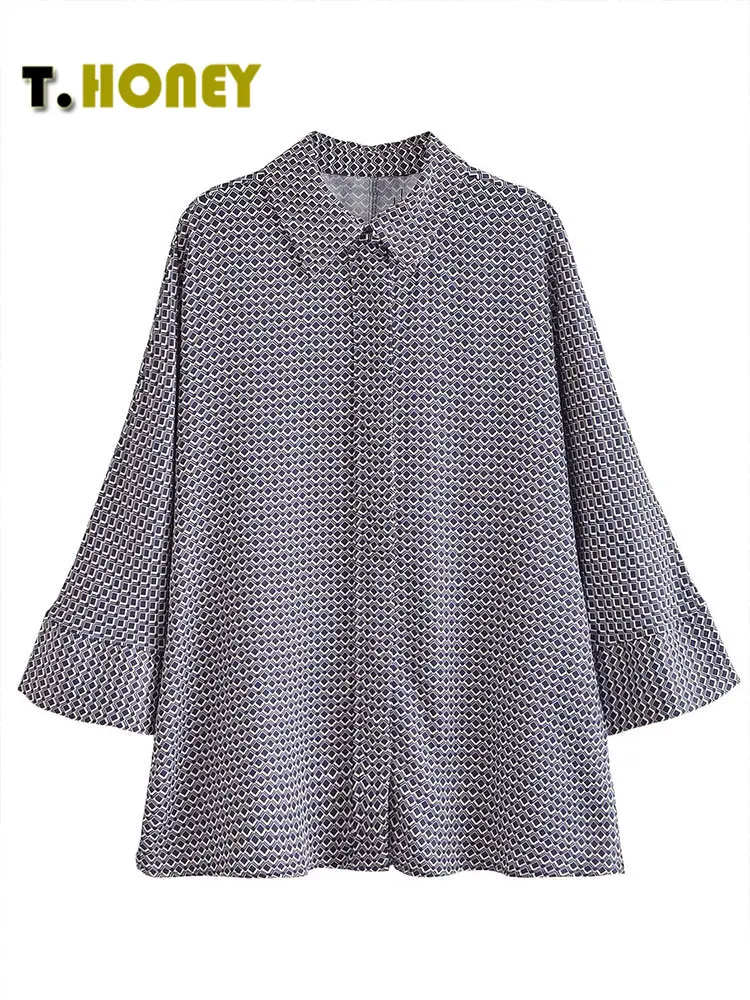 

TELLHONEY Women Fashion Lapel Collar Single Breasted Shirt Female Casual Three Quarter Sleeves Geometric Printed Loose Blouses