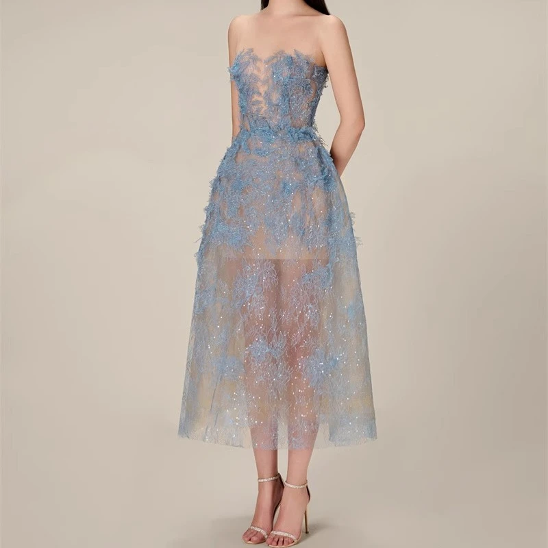 

Blue Lace Dress Women Vintage Slash Neck Elegance Evening Dresses Female Bing Flower Mesh Vestido Party Luxury Design