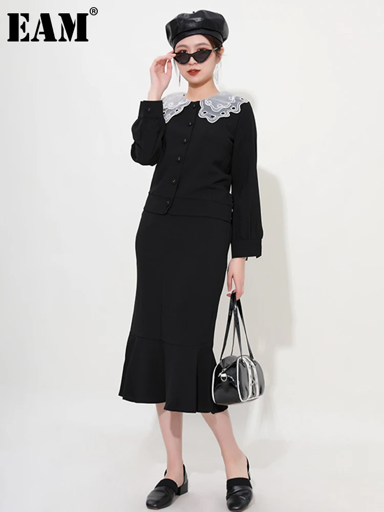 

[EAM] Lace Half-body Skirt Two Pieces Suit New Peter Pan Collar Long Sleeve Black Loose Women Fashion Spring Autumn 2023 5A6