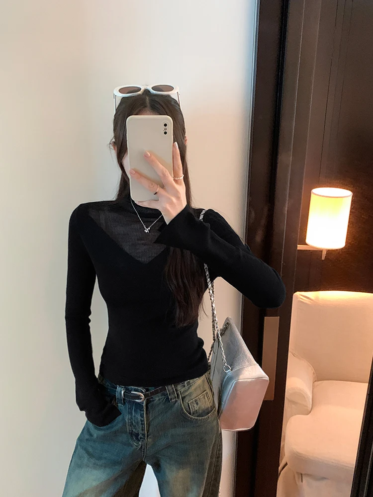 Pure Desire Sle Тюлевая лоскутная рубашка-водолазка женская осенняя новая корейская