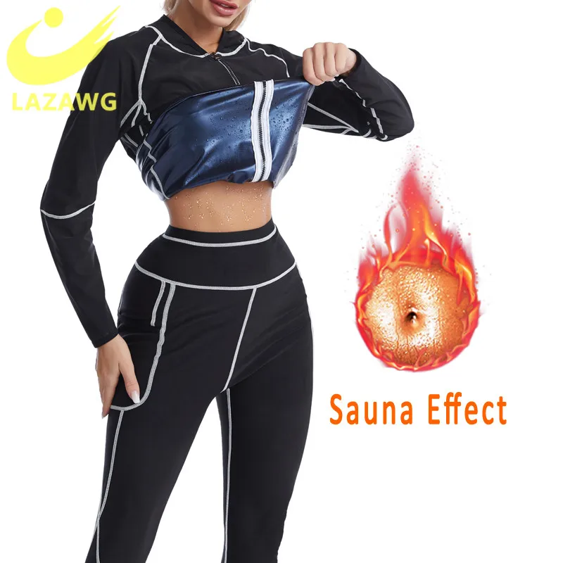 

LAZAWG Women Body Shaper Sets Sauna Sweat Weight Loss Suit Slimming Hot Thermal Long Sleeve Top Weight Loss Legging Shapewear