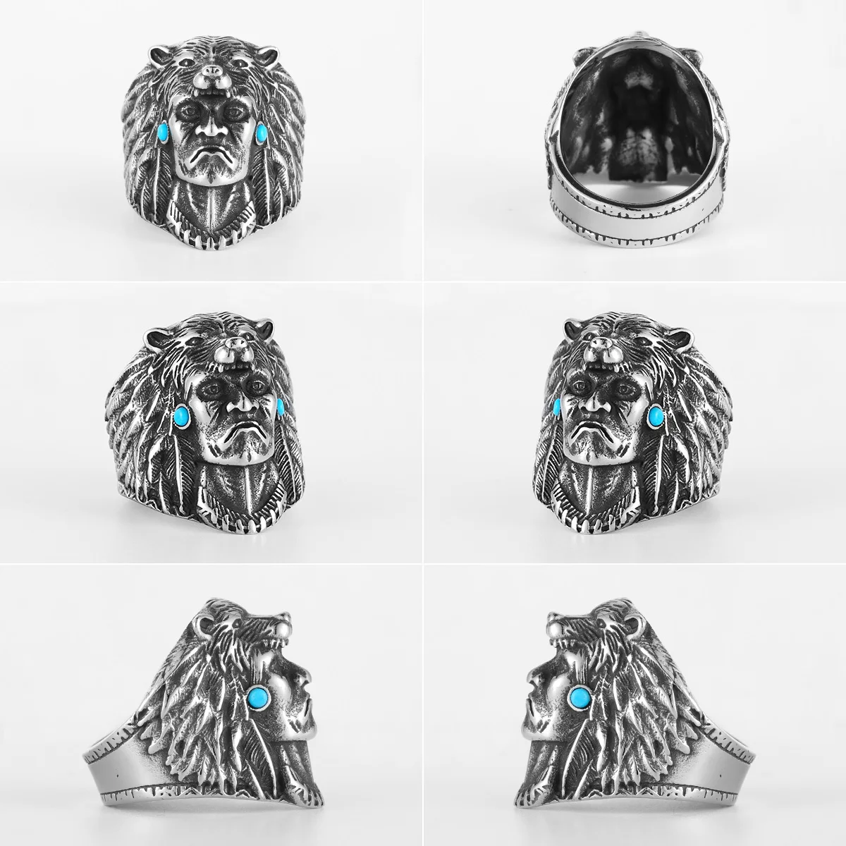 Stainless Steel Men Rings Wolf Indian Chief Punk Vintage for Women Biker Fashion Jewelry Halloween Creativity Gift Wholesale images - 6