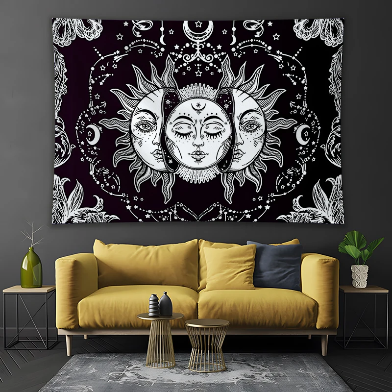 

Черный гобелен с изображением Солнца и Луны мандалы, настенное украшение в стиле хиппи, подвесное одеяло для спальни, богемный матрас для йо...