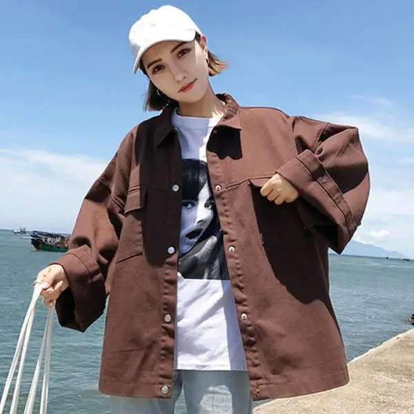 

Coffee retro Denim Jacket Women's Korean version loose and simple Harajuku casual denim jacket fashion street clothes