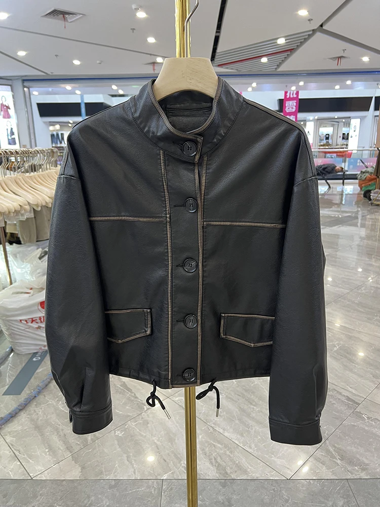 Young Middle-aged Women Dress Stand Collar Washed Leather Coat Outerwear Short Autumn New Western Sle Jacket Middle-A...